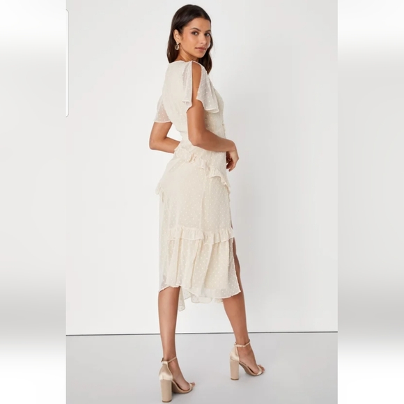 LuLus Next to You Cream Swiss Dot Ruffled Midi Dress - Picture 6 of 8